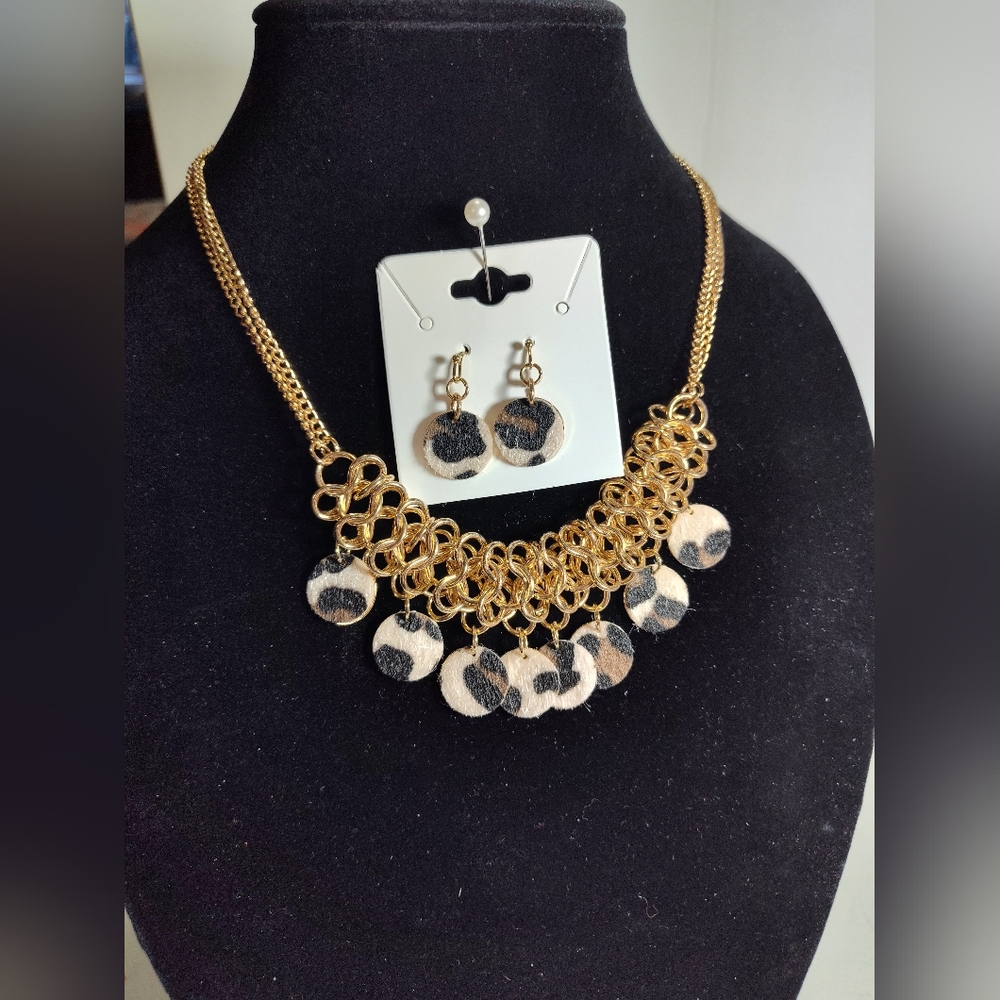 Gold and Black Leopard Necklace Earring Jewelry Set